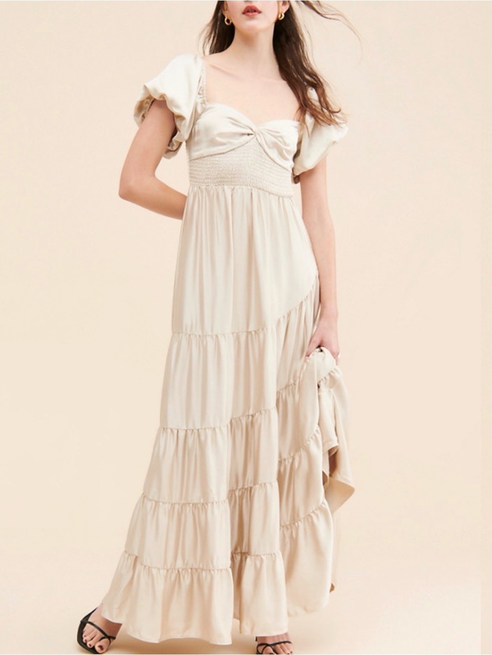 Free People Sun-drenched Silky Satin Ivory Ruffle Tiered Maxi Dress Medium